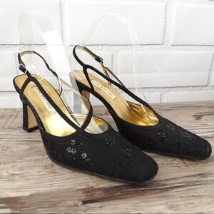 Ann Marino sz 8 black satin sequin evening shoes